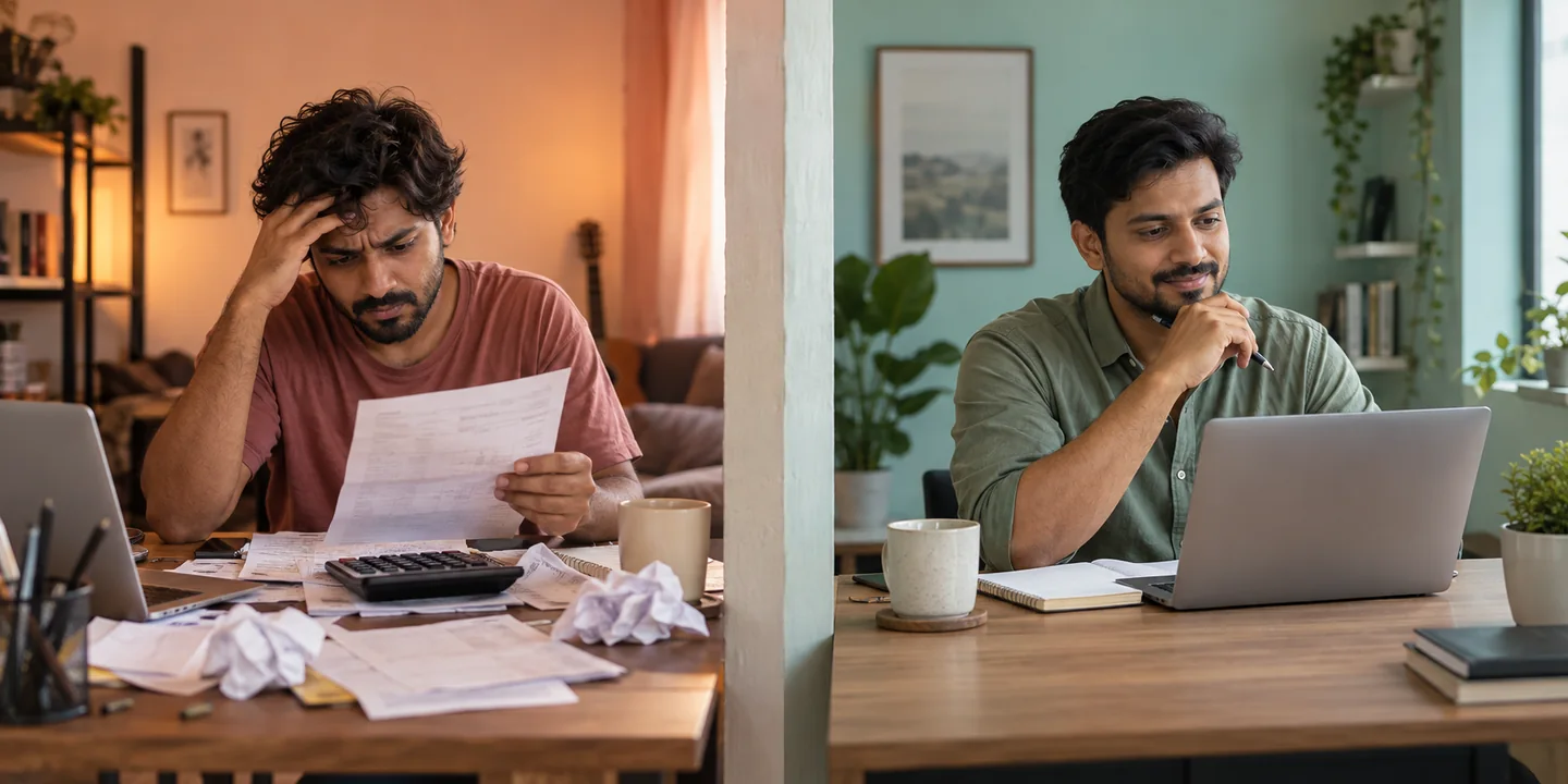 Illustration of two freelancers: one stressed over an underpriced quote, one calmly reviewing project costs