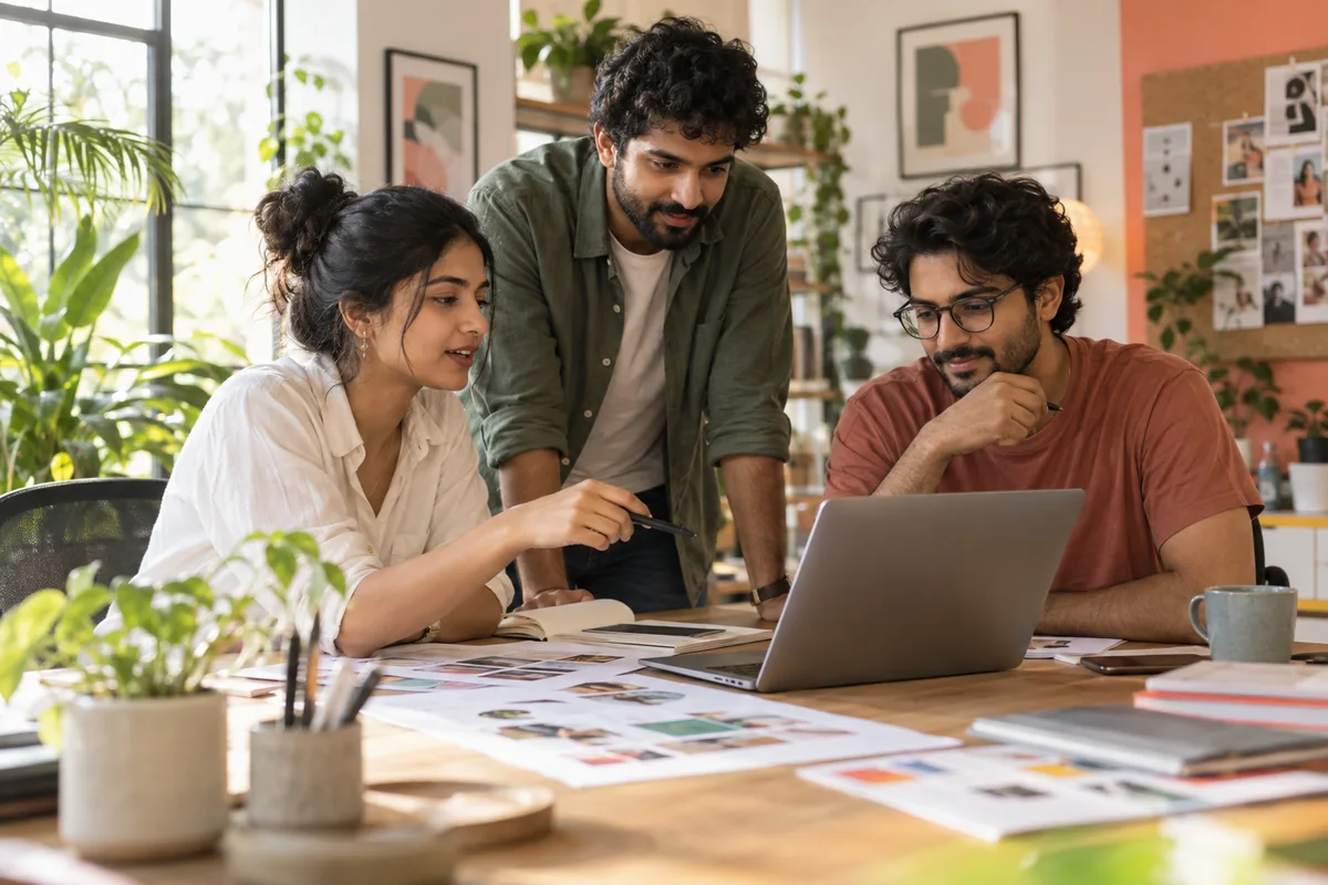 Creative team reviewing a project estimate together at a desk